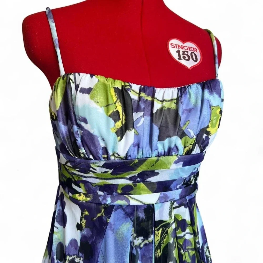 IZ Byer Y2K Purple Blue & Green Watercolor Floral Milkmaid Tie Back Dress Medium